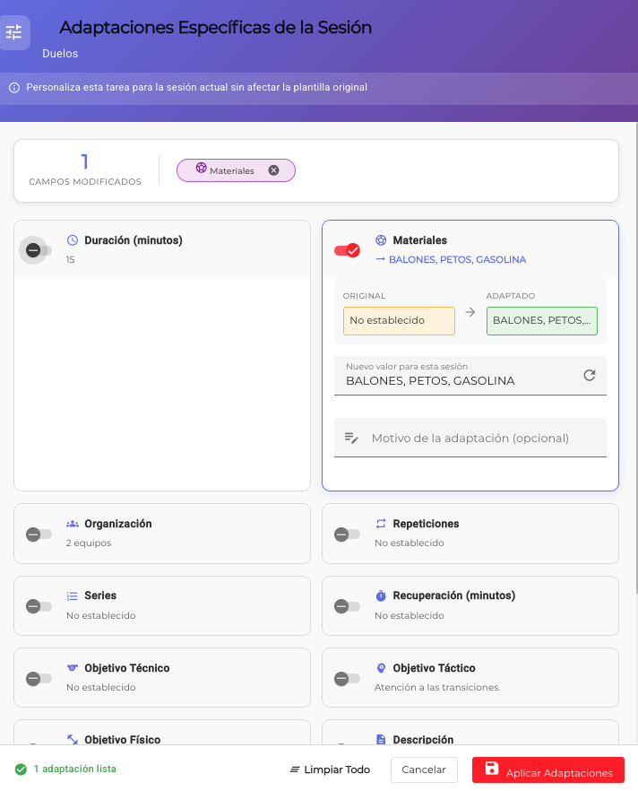Vista comparativa de valores originales vs adaptados