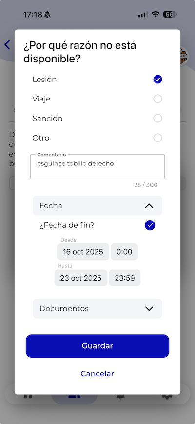 Especificar no disponibilidad