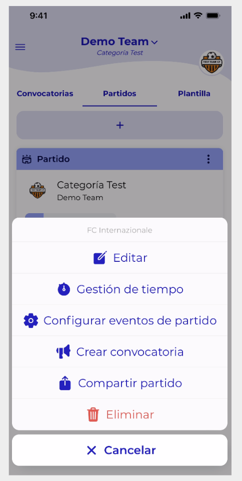 Menú de tres puntos con la opción de control de minutos