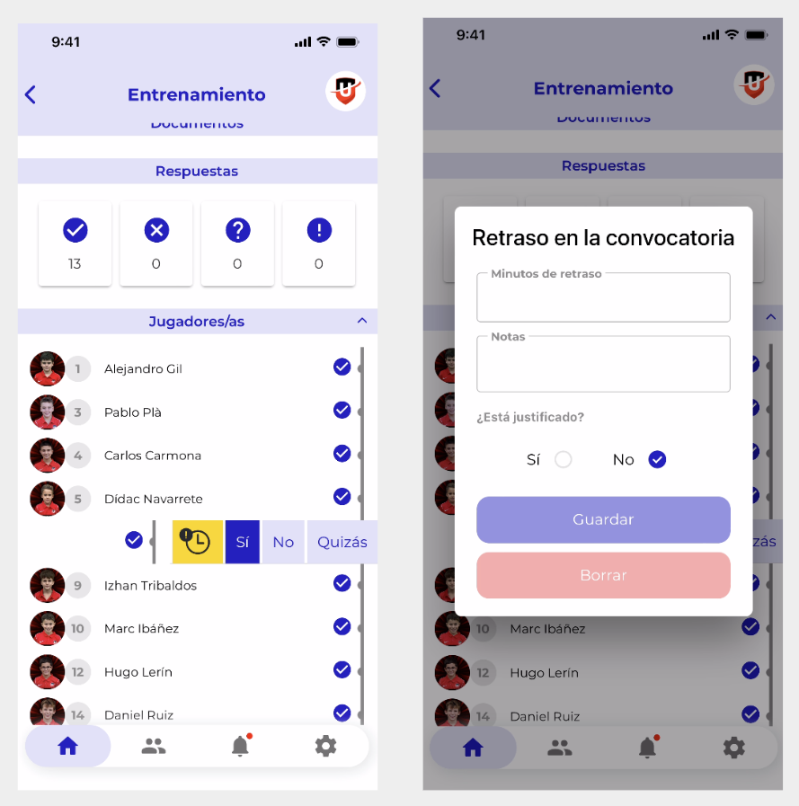 Lista de jugadores con menú deslizable de respuestas