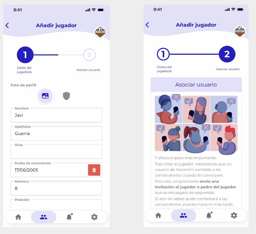 Vista de la creación de jugador