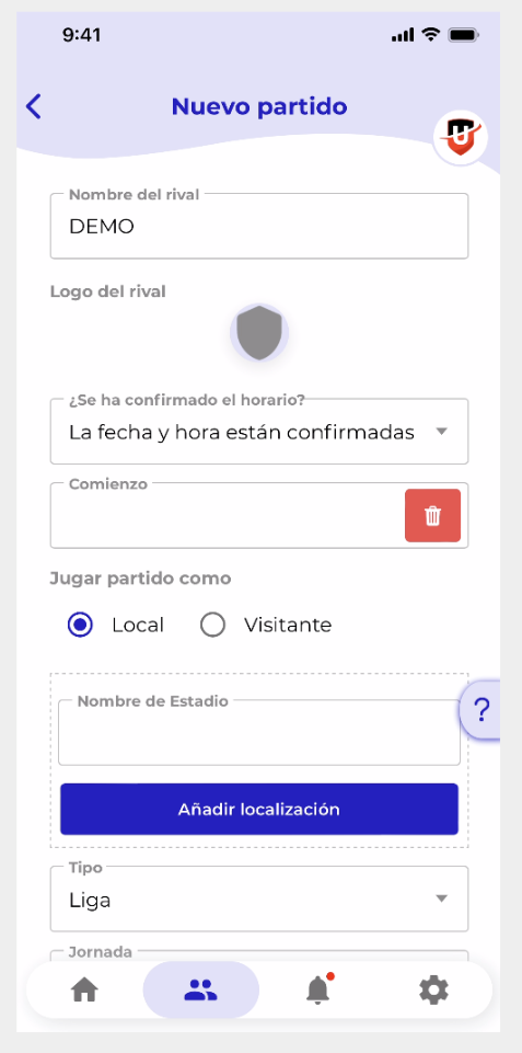 Vista del formulario de creación de partido