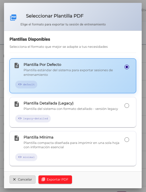Selector de plantilla PDF con opciones