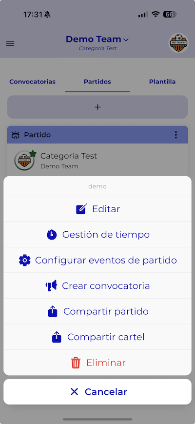 Vista del menú de opciones del partido