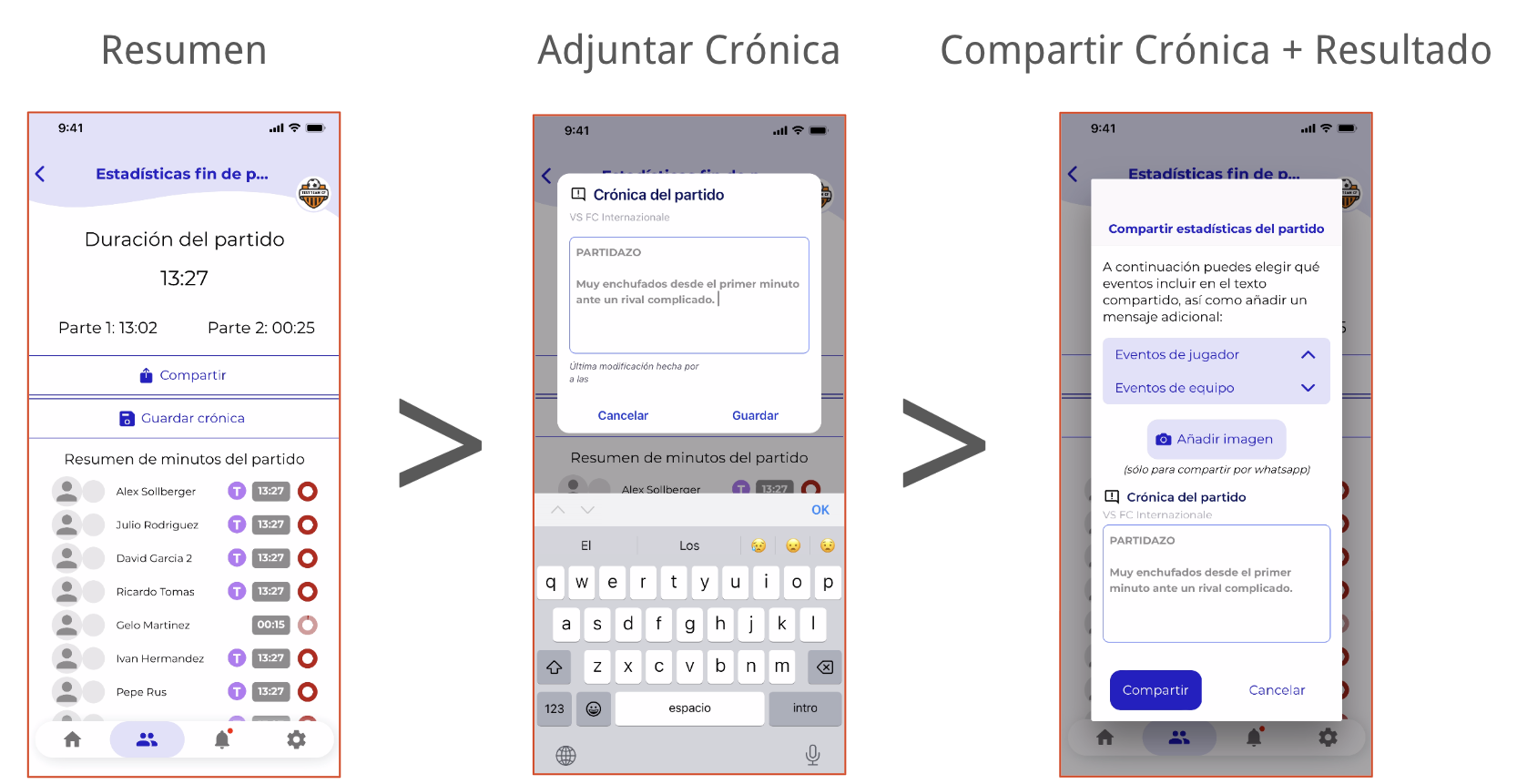 Vista de resumen y crónica en el control de minutos