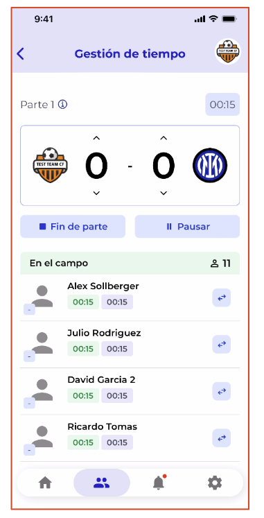Vista de sustituciones en el control de minutos