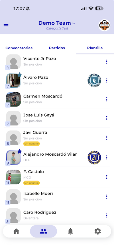 Vista de la plantilla del equipo